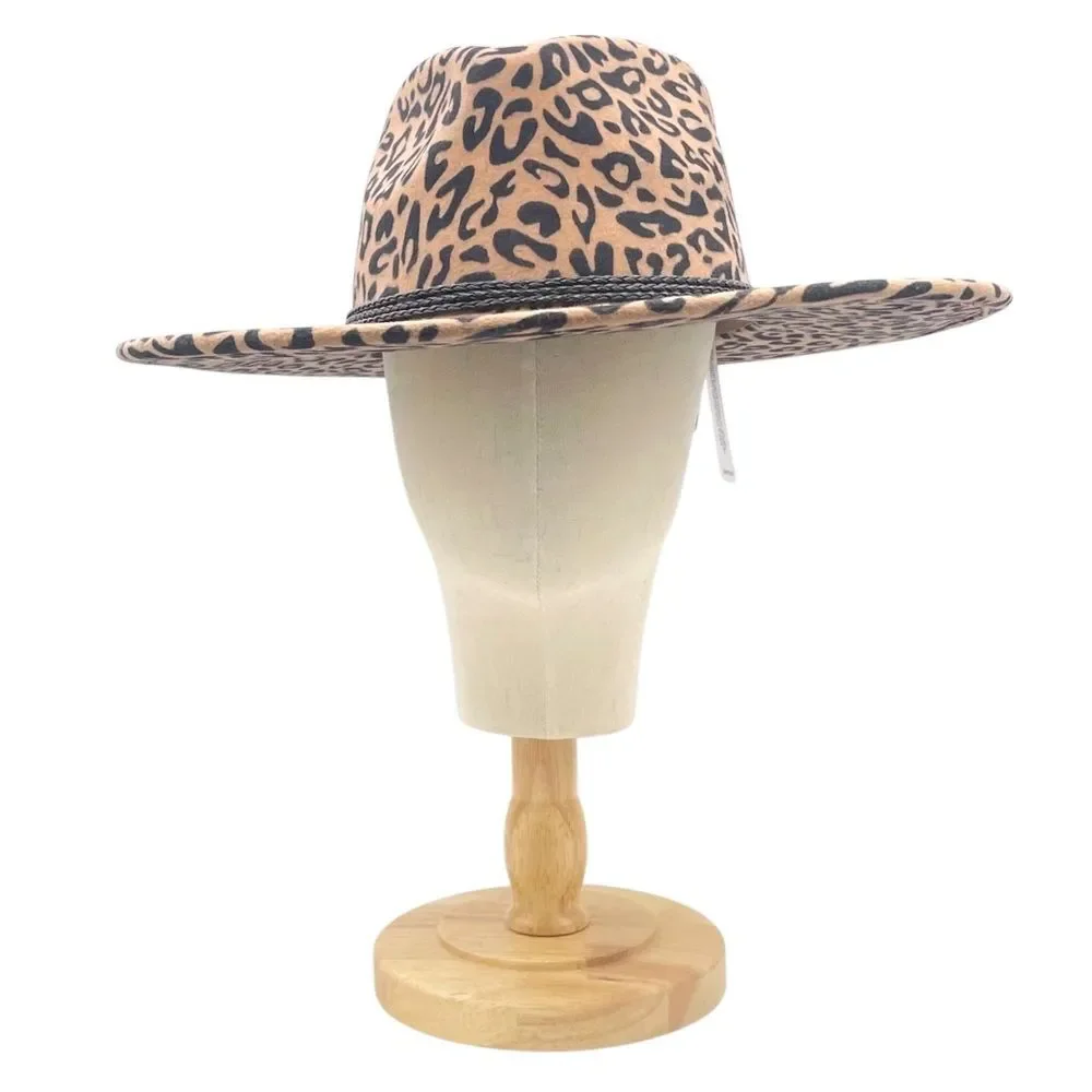 NWT Olive & Pique Leopard Print Wool Wide Brim Fedora Hat Tan Black Boho Fall